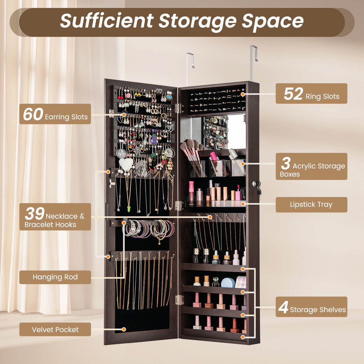43.5 Inch Jewelry Mirror Cabinet with Full-length Mirror and Adjustable Hangers