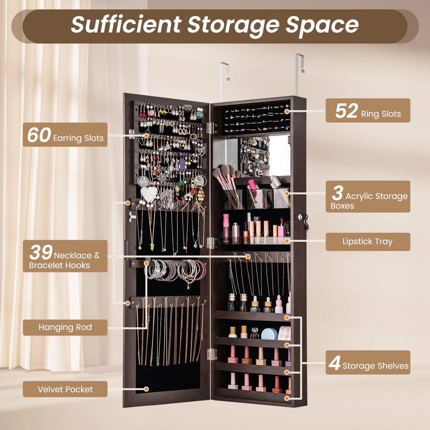 43.5 Inch Jewelry Mirror Cabinet with Full-length Mirror and Adjustable Hangers