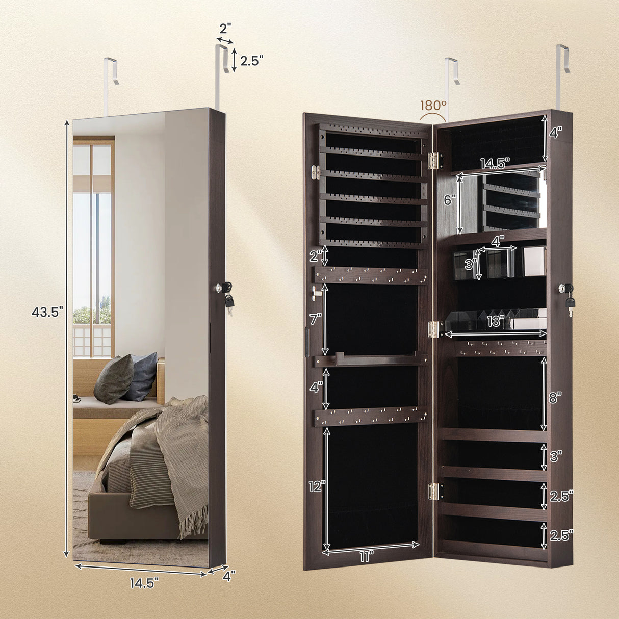 43.5 Inch Jewelry Mirror Cabinet with Full-length Mirror and Adjustable Hangers
