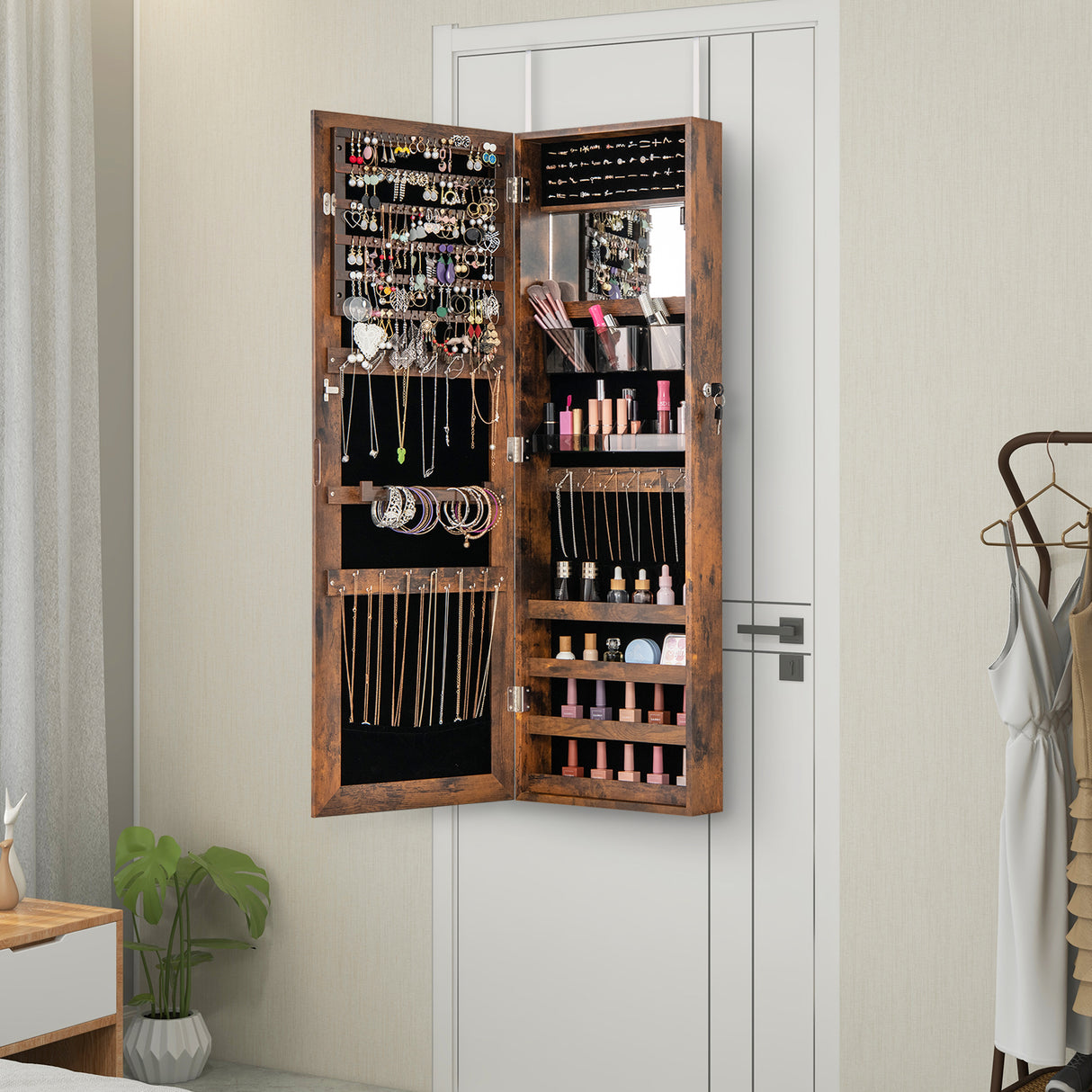 43.5 Inch Jewelry Mirror Cabinet with Full-length Mirror and Adjustable Hangers