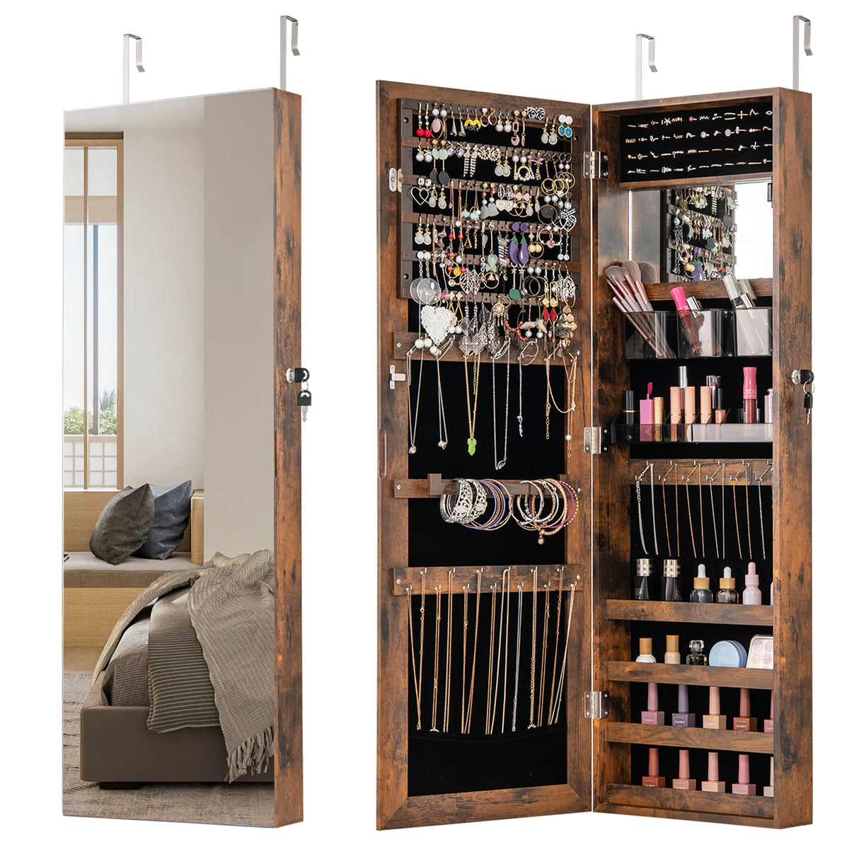 43.5 Inch Jewelry Mirror Cabinet with Full-length Mirror and Adjustable Hangers