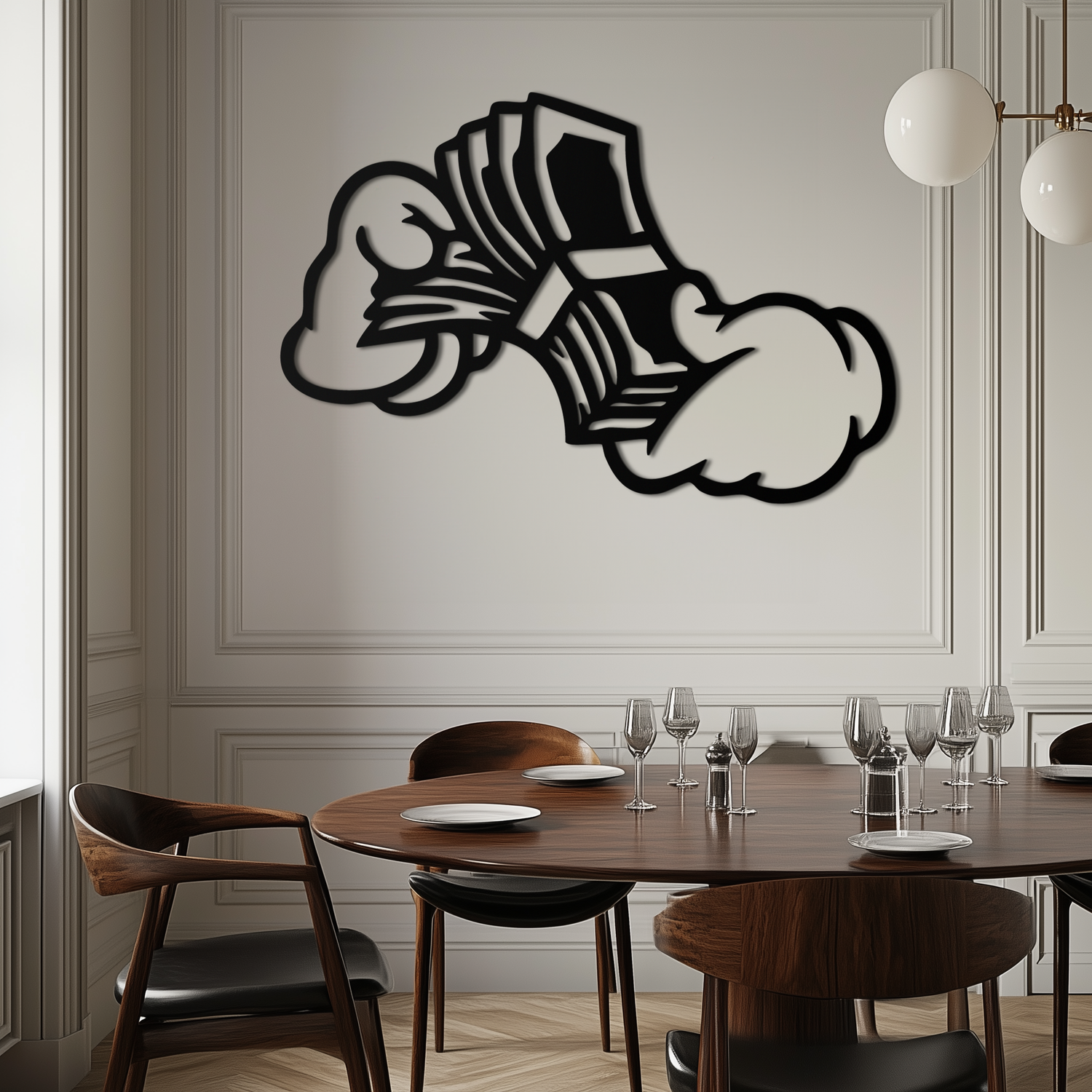 Fist Holding Money Stack Metal Wall Art – Bold Dollar Bill Hand Silhouette for Modern Spaces- KAF579