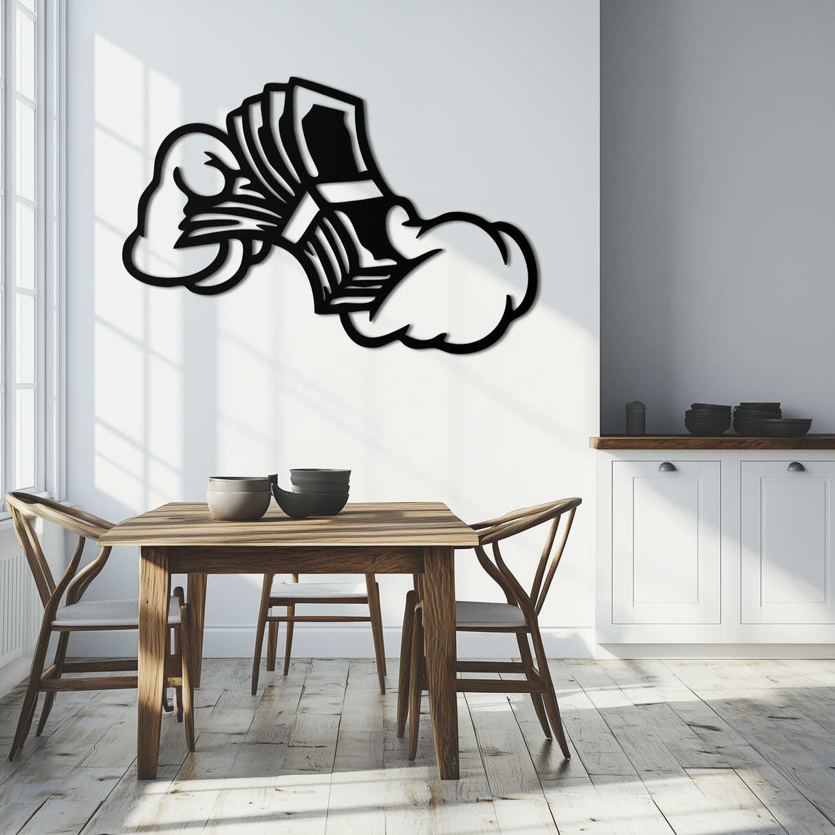 Fist Holding Money Stack Metal Wall Art – Bold Dollar Bill Hand Silhouette for Modern Spaces- KAF579