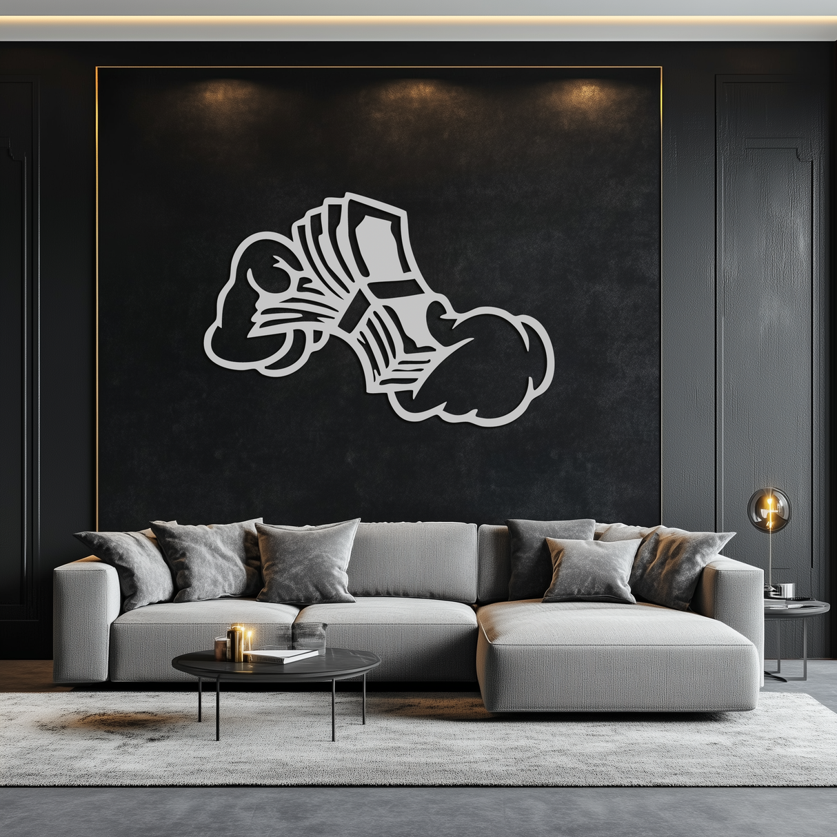 Fist Holding Money Stack Metal Wall Art – Bold Dollar Bill Hand Silhouette for Modern Spaces- KAF579