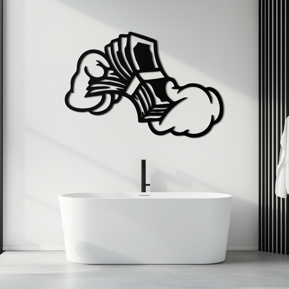 Fist Holding Money Stack Metal Wall Art – Bold Dollar Bill Hand Silhouette for Modern Spaces- KAF579