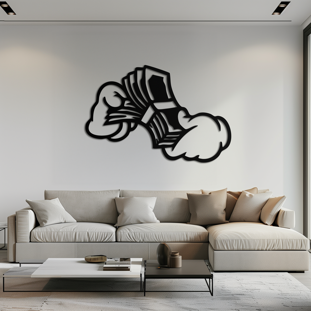 Fist Holding Money Stack Metal Wall Art – Bold Dollar Bill Hand Silhouette for Modern Spaces- KAF579