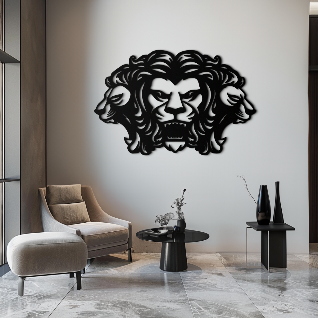 Three-Headed Lion Metal Wall Art – Fierce Tribal Lion Head Wall Decor- KAF589