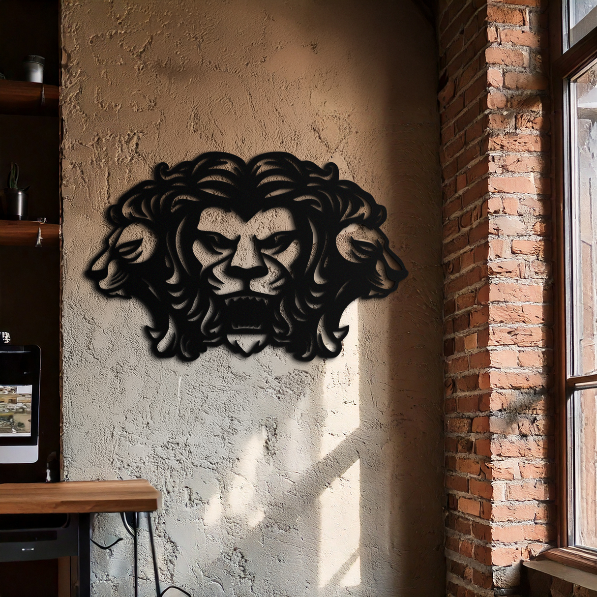 Three-Headed Lion Metal Wall Art – Fierce Tribal Lion Head Wall Decor- KAF589