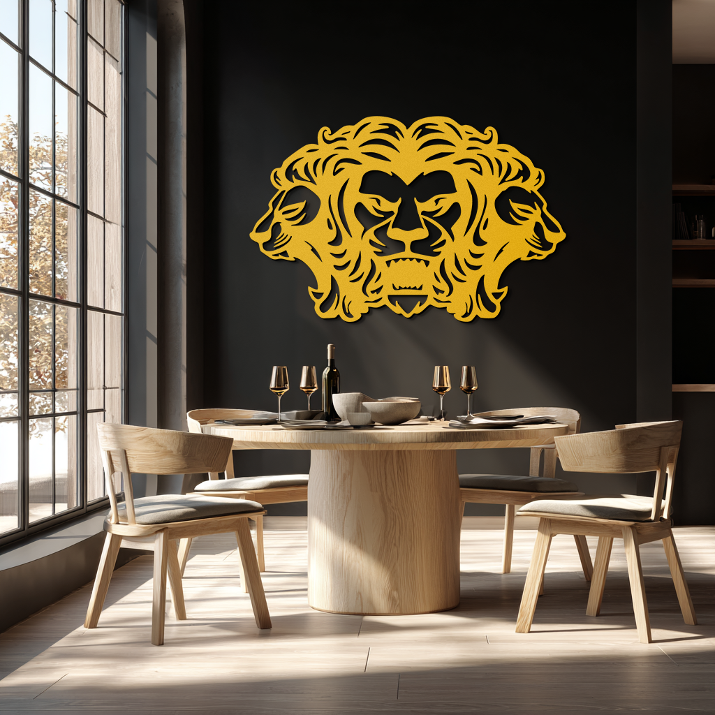 Three-Headed Lion Metal Wall Art – Fierce Tribal Lion Head Wall Decor- KAF589