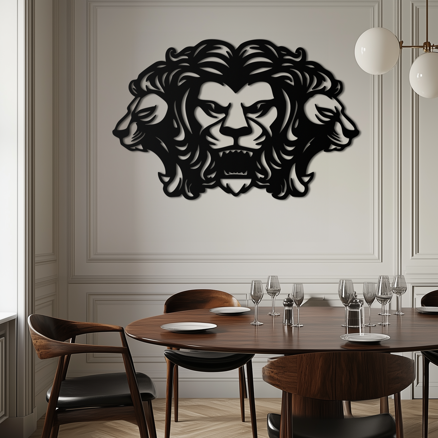 Three-Headed Lion Metal Wall Art – Fierce Tribal Lion Head Wall Decor- KAF589