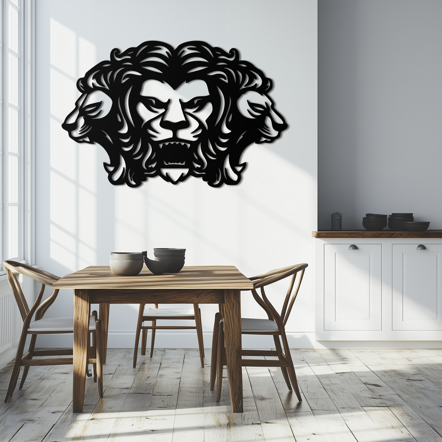 Three-Headed Lion Metal Wall Art – Fierce Tribal Lion Head Wall Decor- KAF589