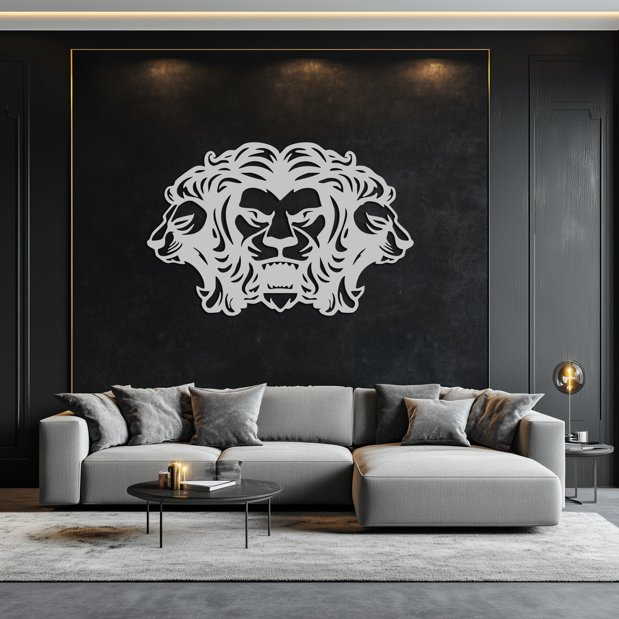 Three-Headed Lion Metal Wall Art – Fierce Tribal Lion Head Wall Decor- KAF589