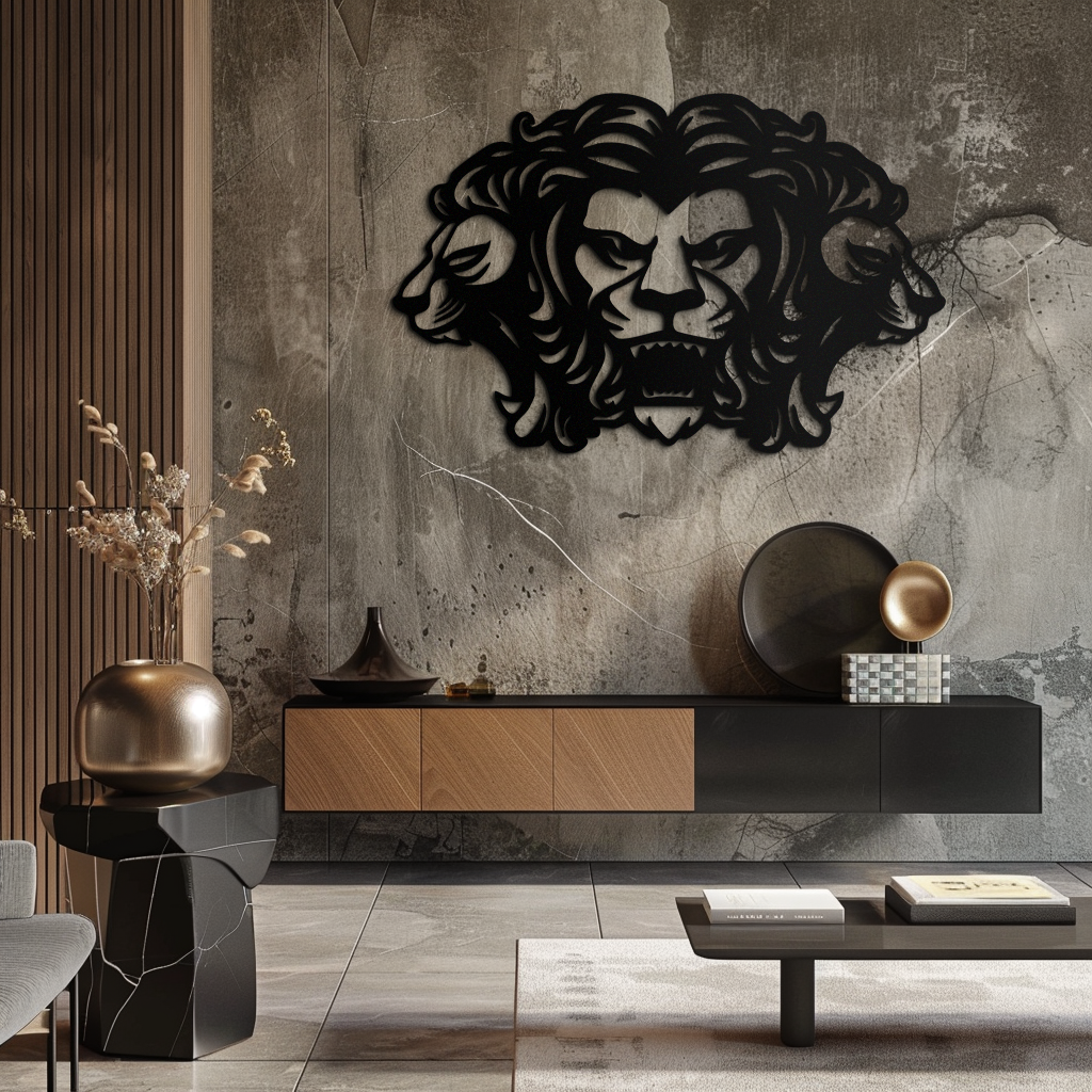 Three-Headed Lion Metal Wall Art – Fierce Tribal Lion Head Wall Decor- KAF589