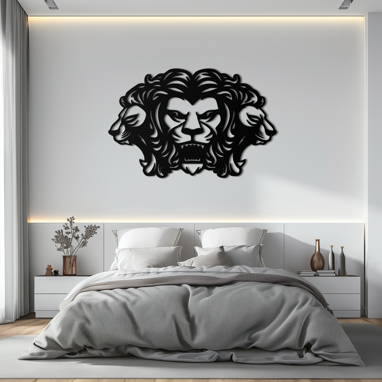 Three-Headed Lion Metal Wall Art – Fierce Tribal Lion Head Wall Decor- KAF589
