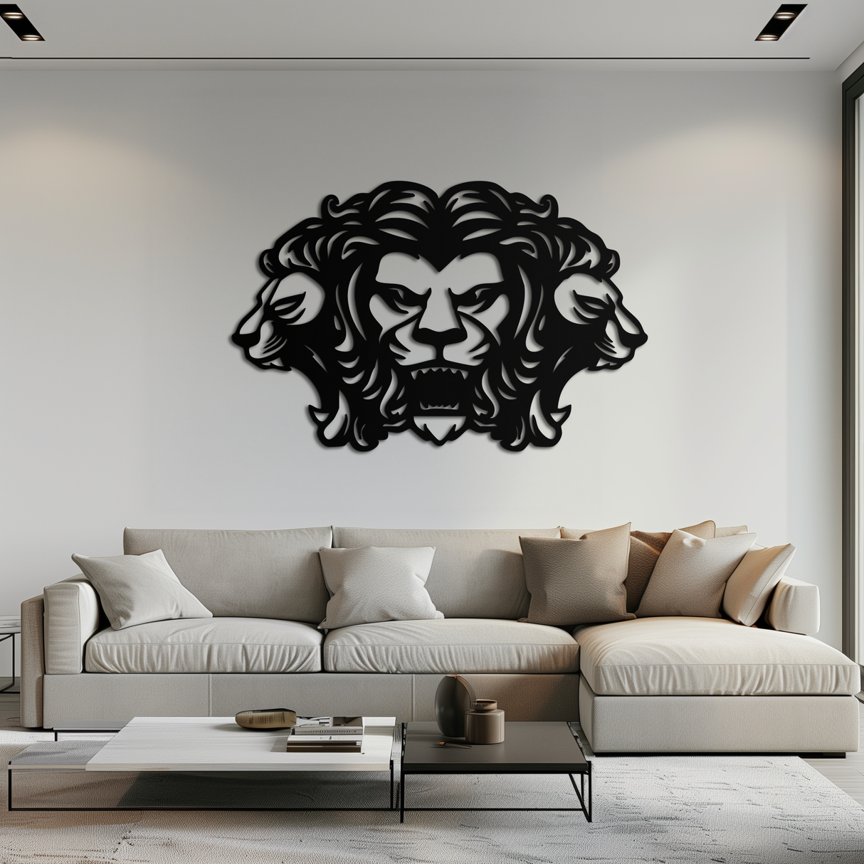 Three-Headed Lion Metal Wall Art – Fierce Tribal Lion Head Wall Decor- KAF589