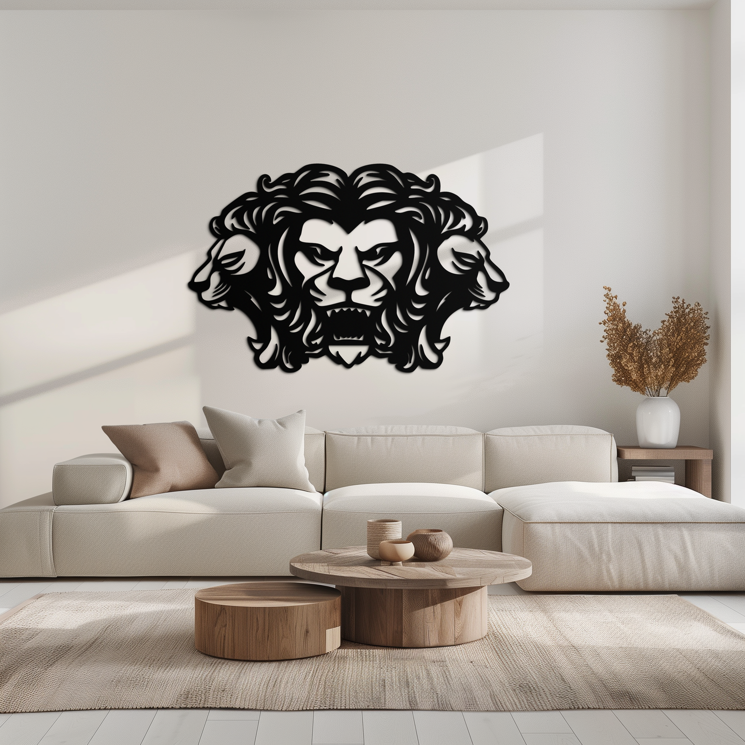 Three-Headed Lion Metal Wall Art – Fierce Tribal Lion Head Wall Decor- KAF589