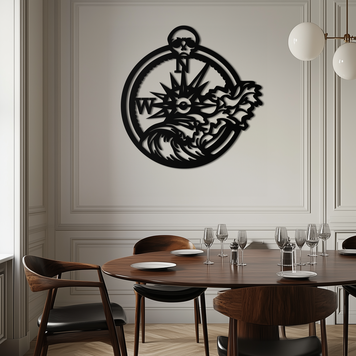 Nautical Compass Wave Metal Wall Art – Ocean Storm and Skull Design Decor- KAF704