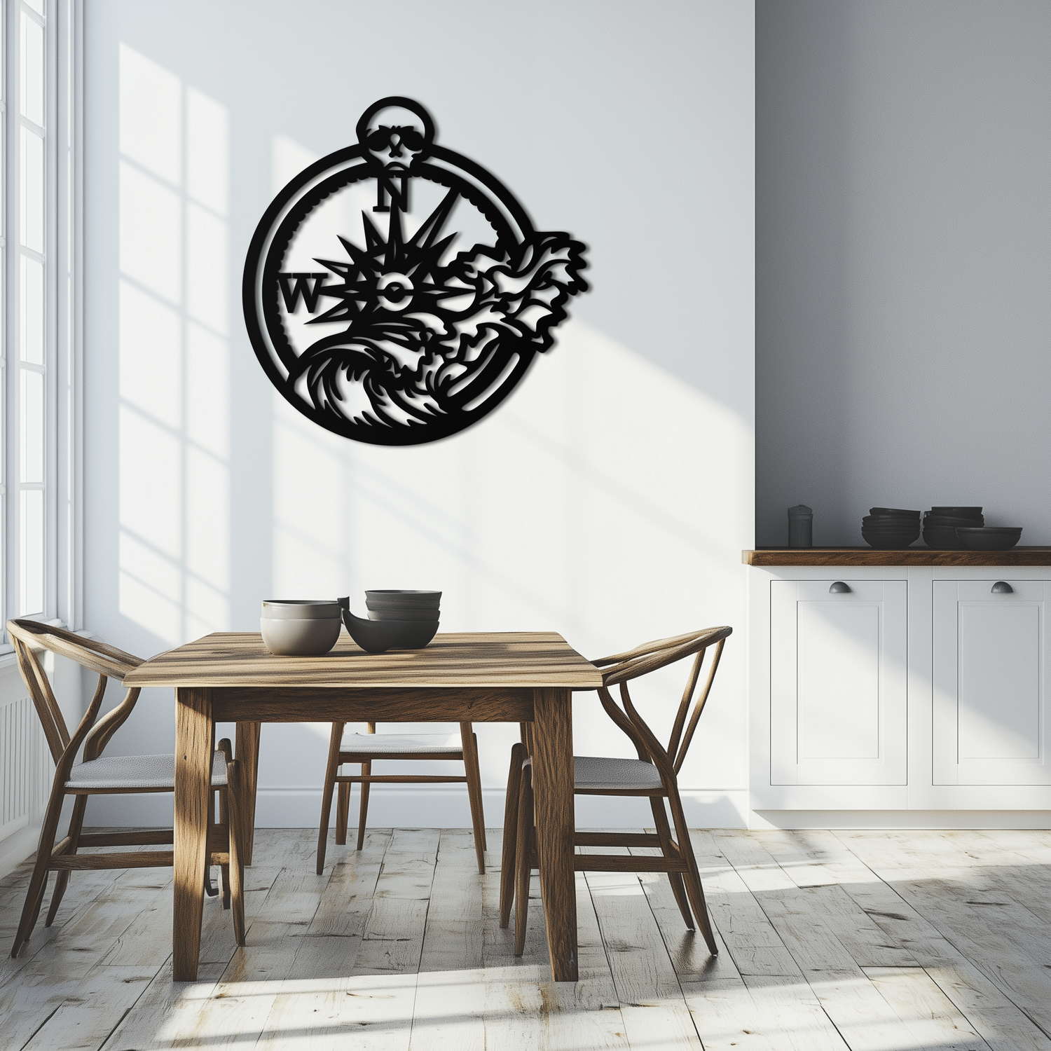 Nautical Compass Wave Metal Wall Art – Ocean Storm and Skull Design Decor- KAF704