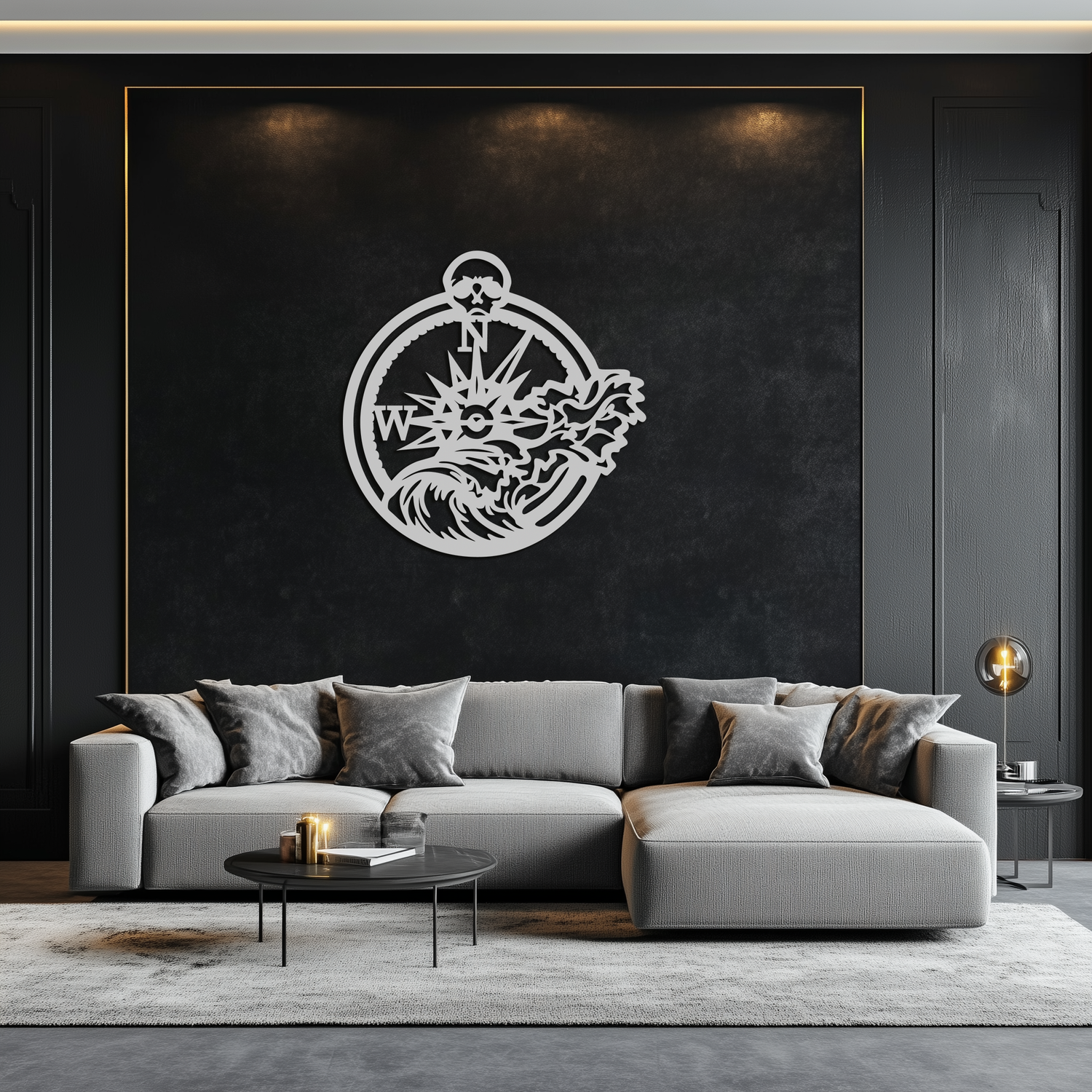 Nautical Compass Wave Metal Wall Art – Ocean Storm and Skull Design Decor- KAF704