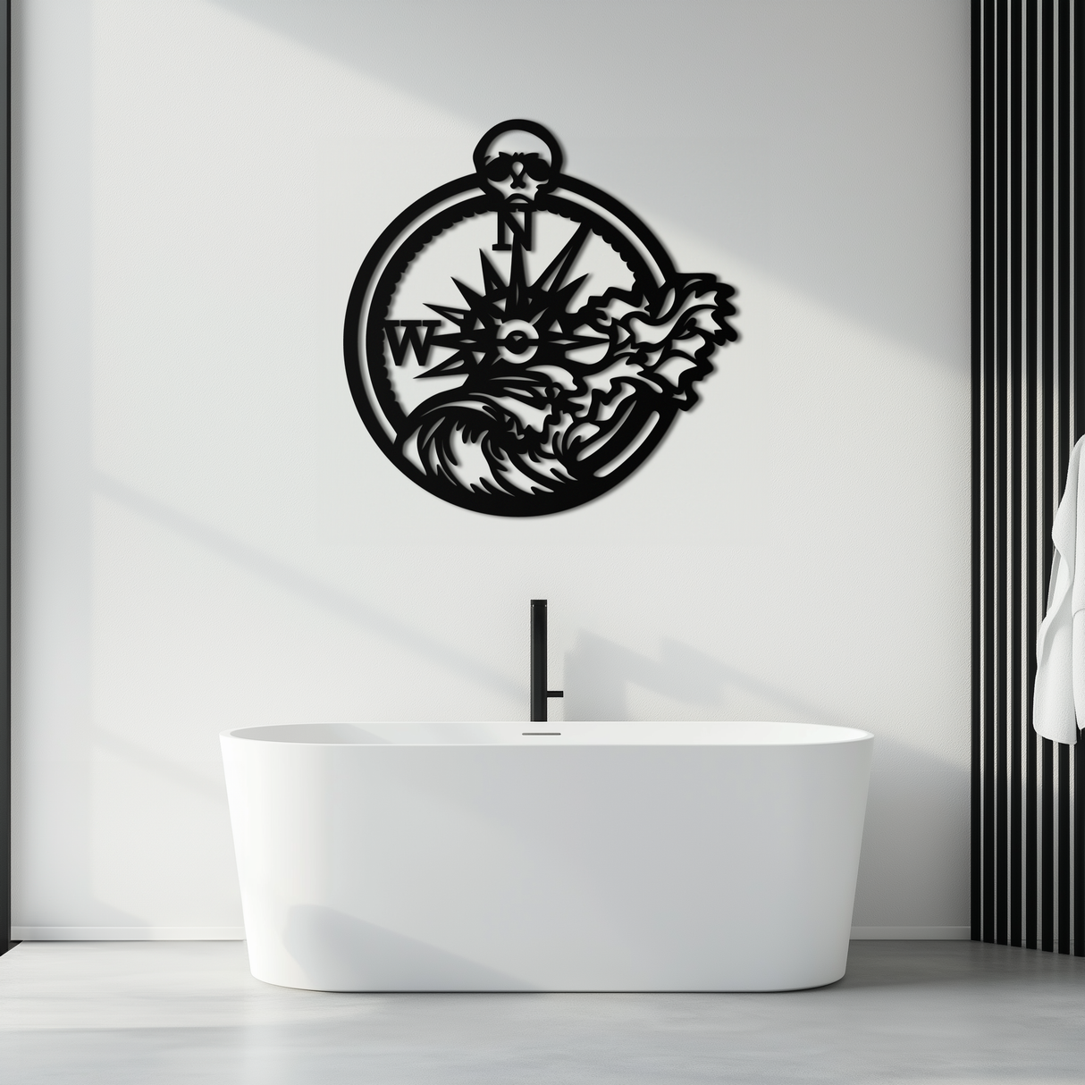 Nautical Compass Wave Metal Wall Art – Ocean Storm and Skull Design Decor- KAF704