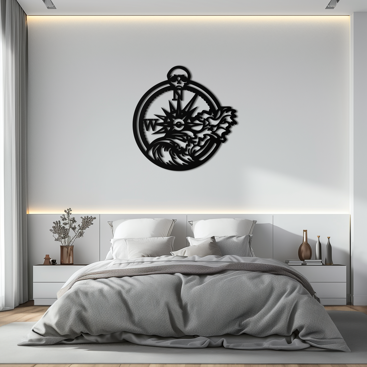 Nautical Compass Wave Metal Wall Art – Ocean Storm and Skull Design Decor- KAF704
