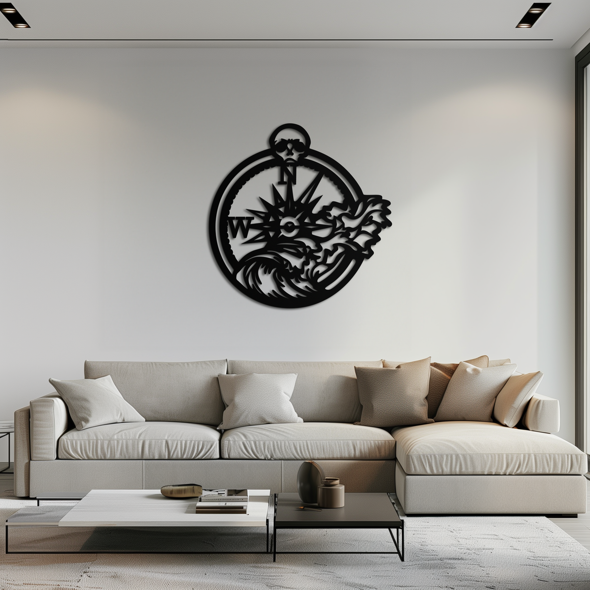 Nautical Compass Wave Metal Wall Art – Ocean Storm and Skull Design Decor- KAF704
