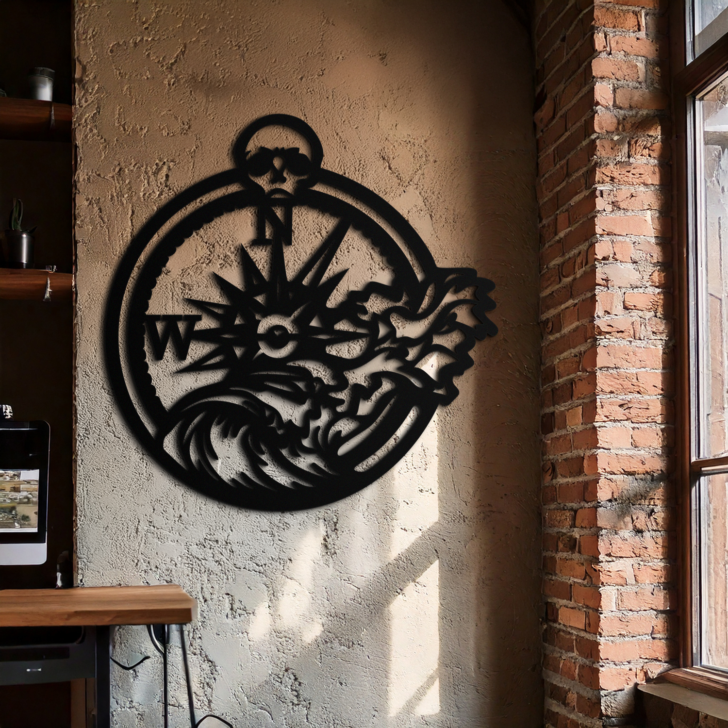 Nautical Compass Wave Metal Wall Art – Ocean Storm and Skull Design Decor- KAF704