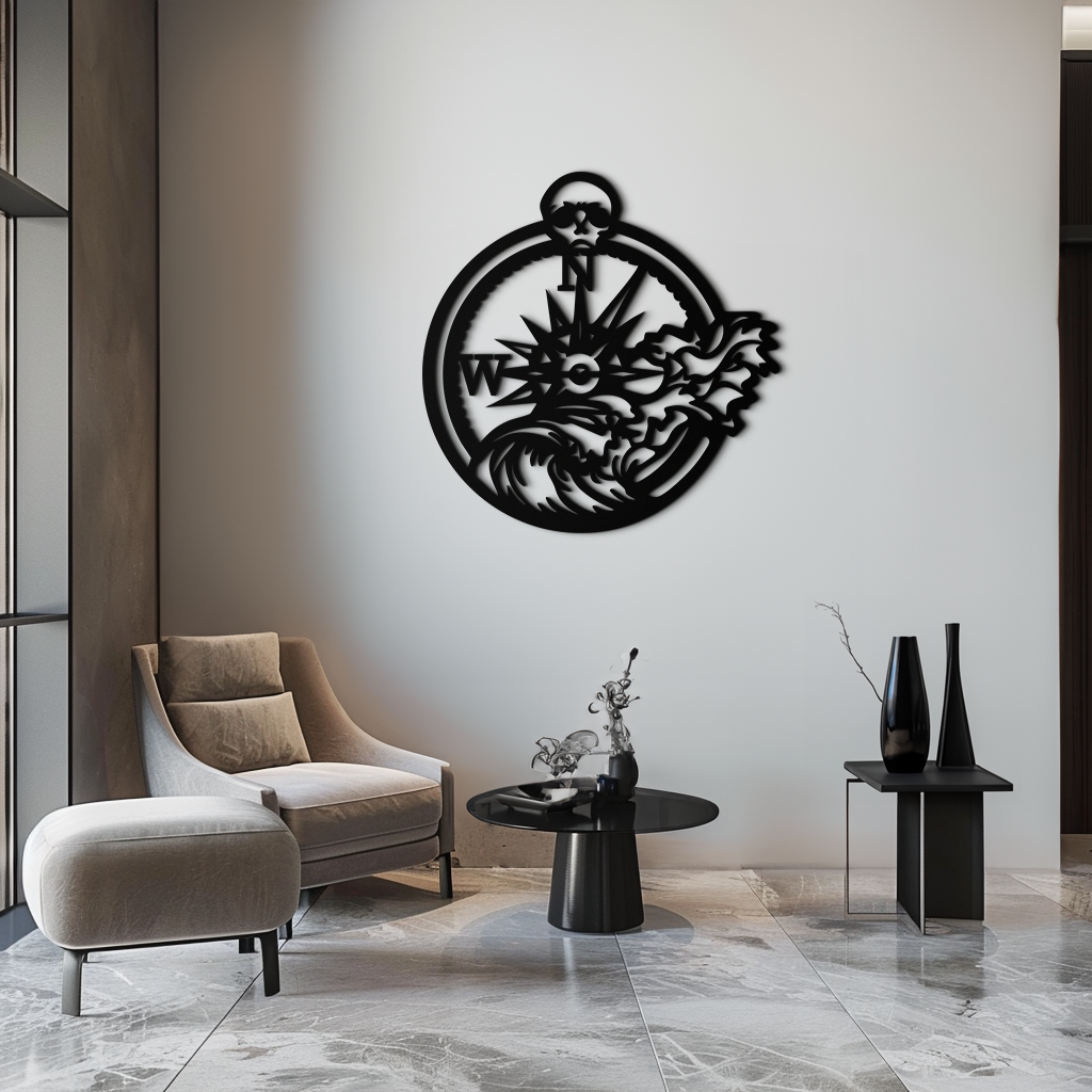 Nautical Compass Wave Metal Wall Art – Ocean Storm and Skull Design Decor- KAF704