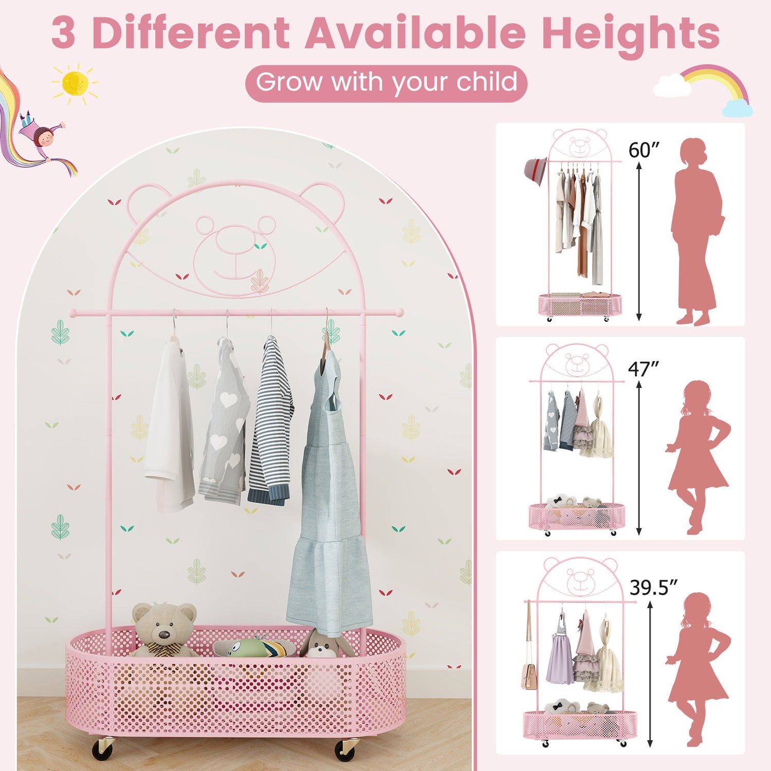 Kid Clothes Rack with 3 Adjustable Heights and Wheels