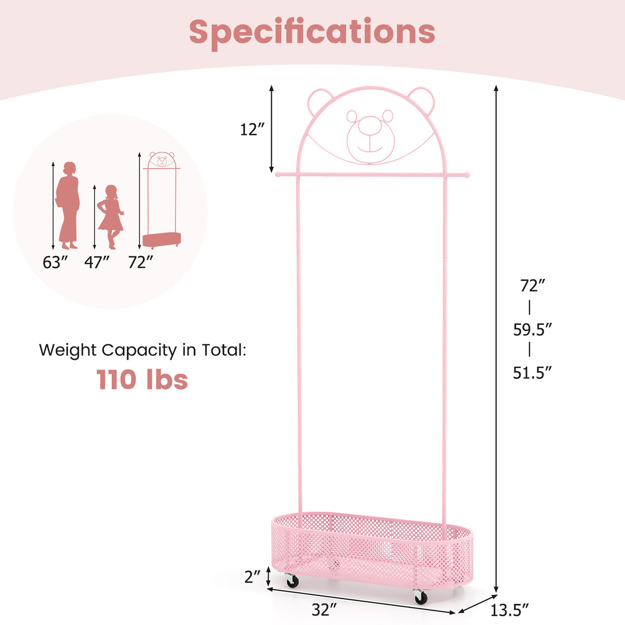 Kid Clothes Rack with 3 Adjustable Heights and Wheels