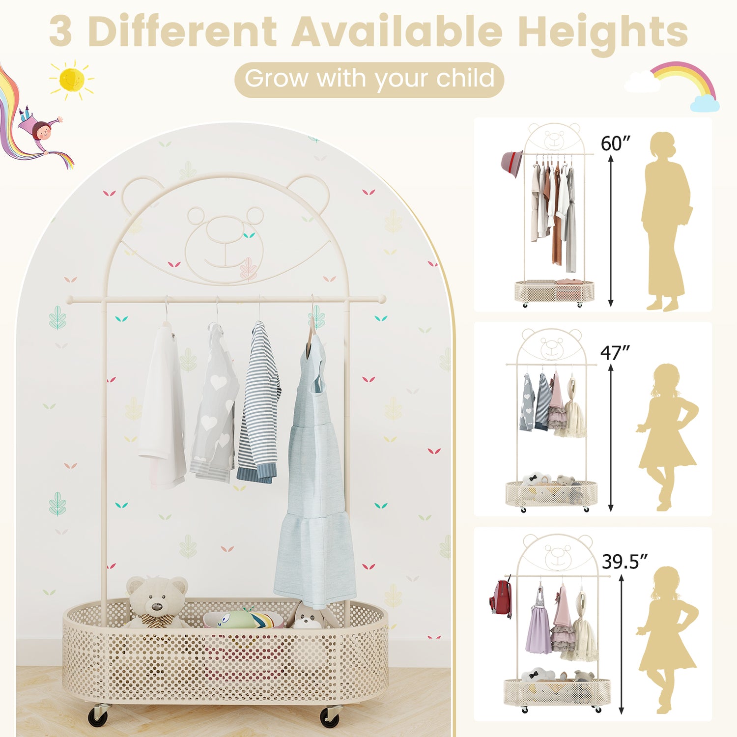 Kid Clothes Rack with 3 Adjustable Heights and Wheels