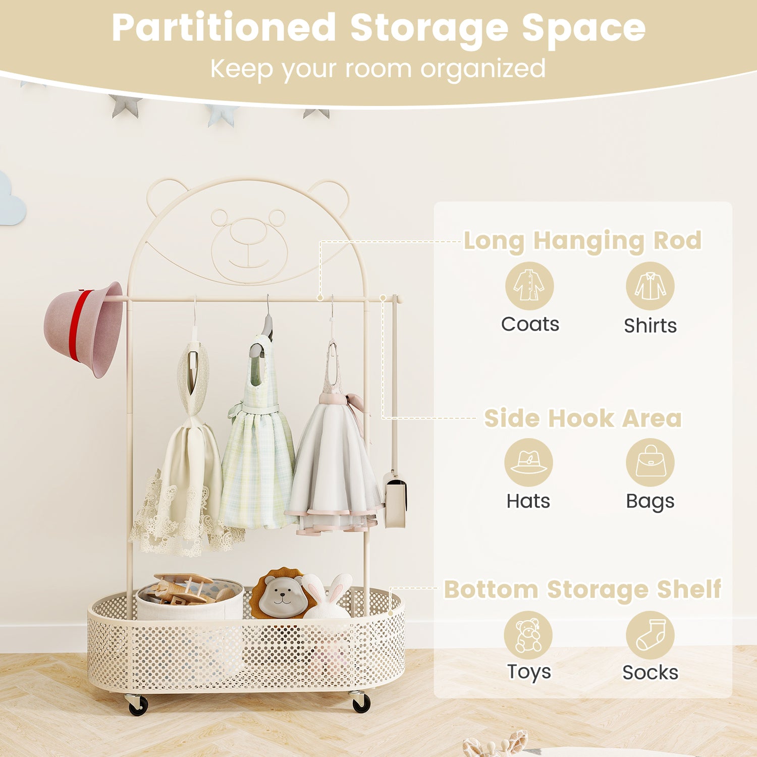 Kid Clothes Rack with 3 Adjustable Heights and Wheels