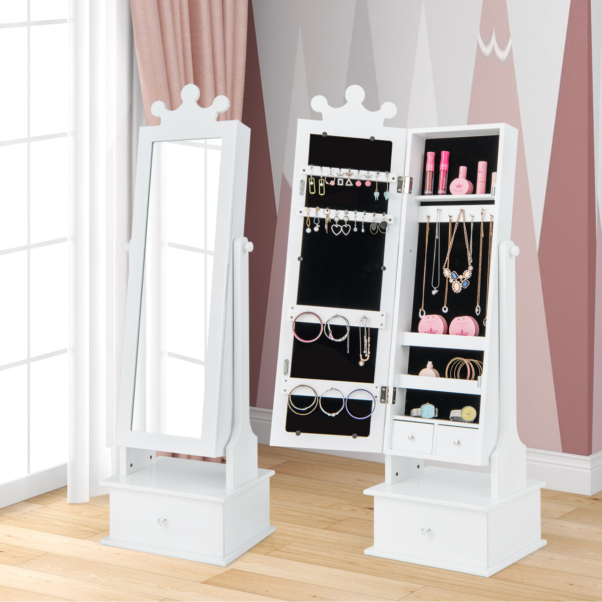 2-in-1 Kids Play Jewelry Armoire with Full Length Mirror and Drawers