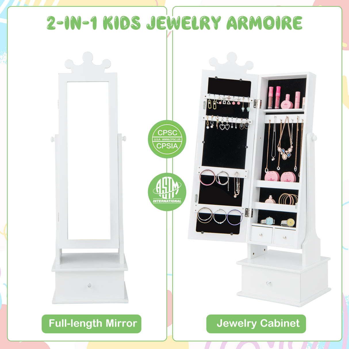 2-in-1 Kids Play Jewelry Armoire with Full Length Mirror and Drawers
