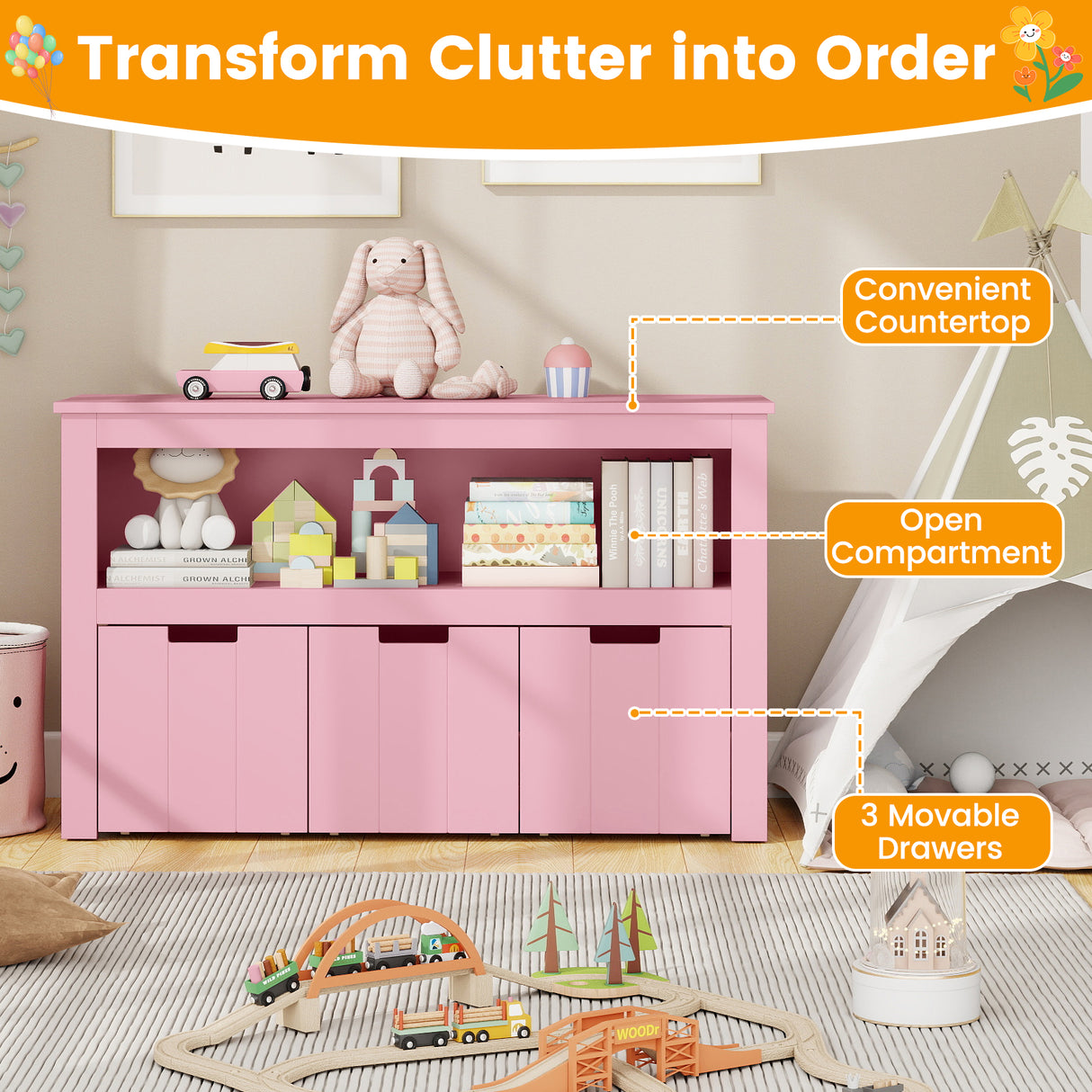 Kid Toy Storage Cabinet 3 Drawer Chest with Wheels Large Storage Cube Shelf