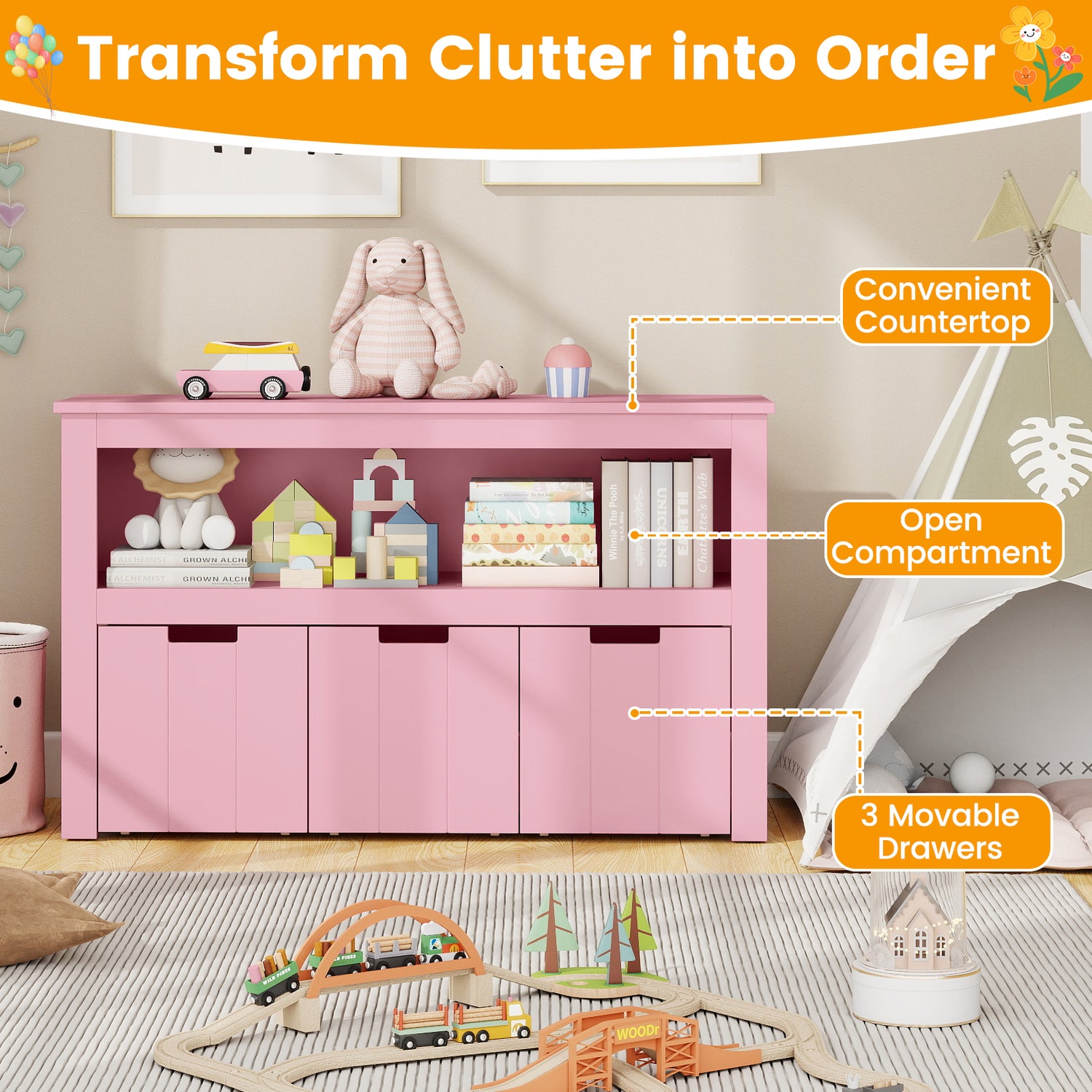 Kid Toy Storage Cabinet 3 Drawer Chest with Wheels Large Storage Cube Shelf