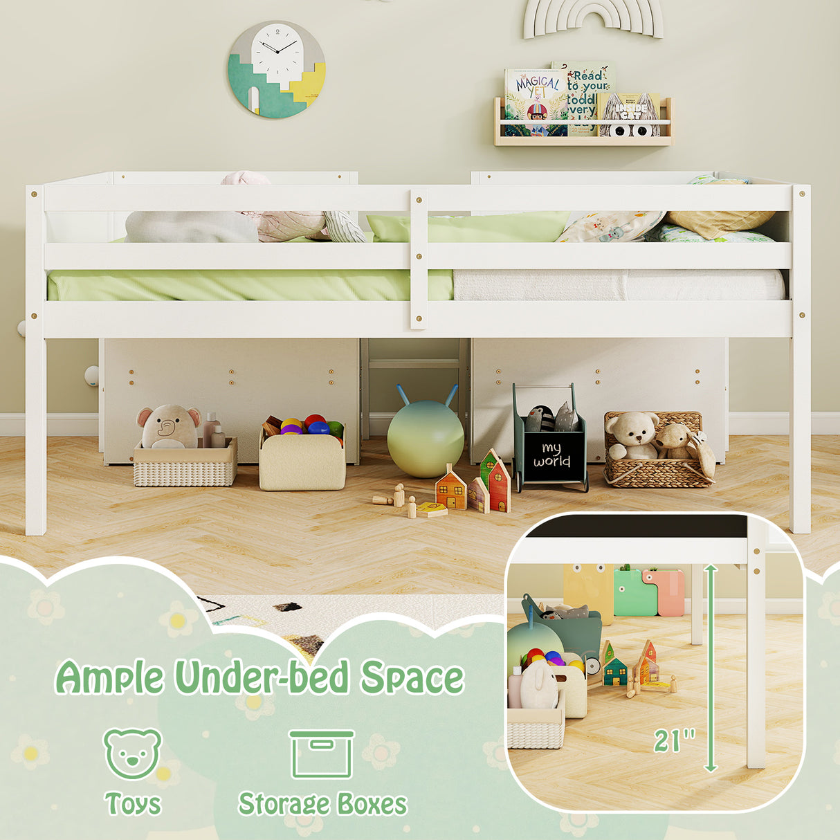 Kid Twin Size Low Loft Bed with Chalkboard Ramp Ladder and Bookcases