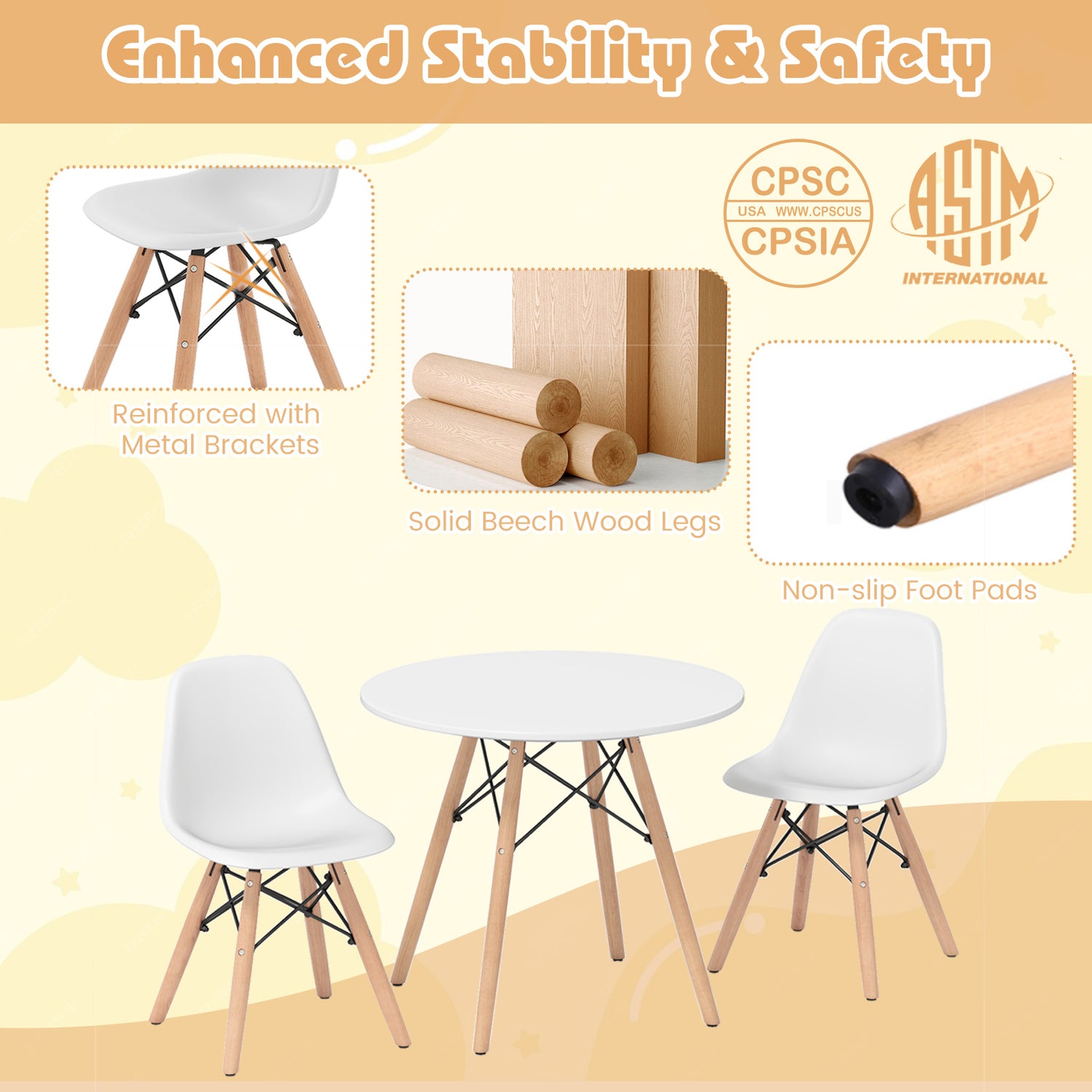 Kid's Modern Dining Table Set with 2 Armless Chairs