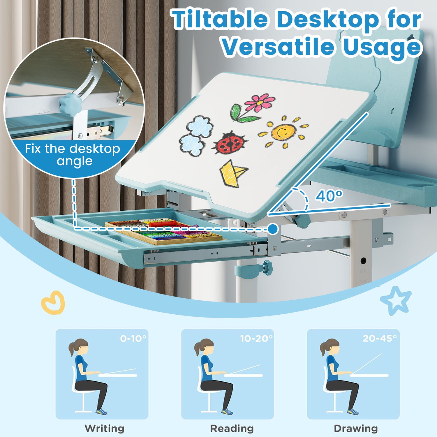 Kid's Study Desk and Chair Set with Tilt Desktop and Book Stand