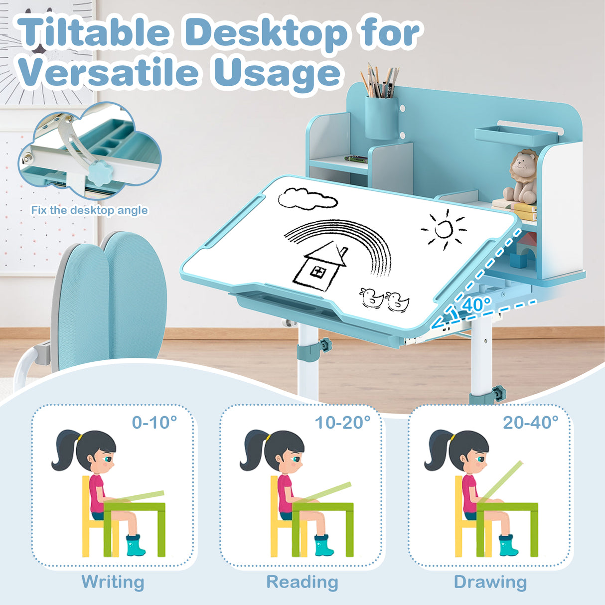 Kid's Study Desk and with Tilt Desktop and Pen Holder