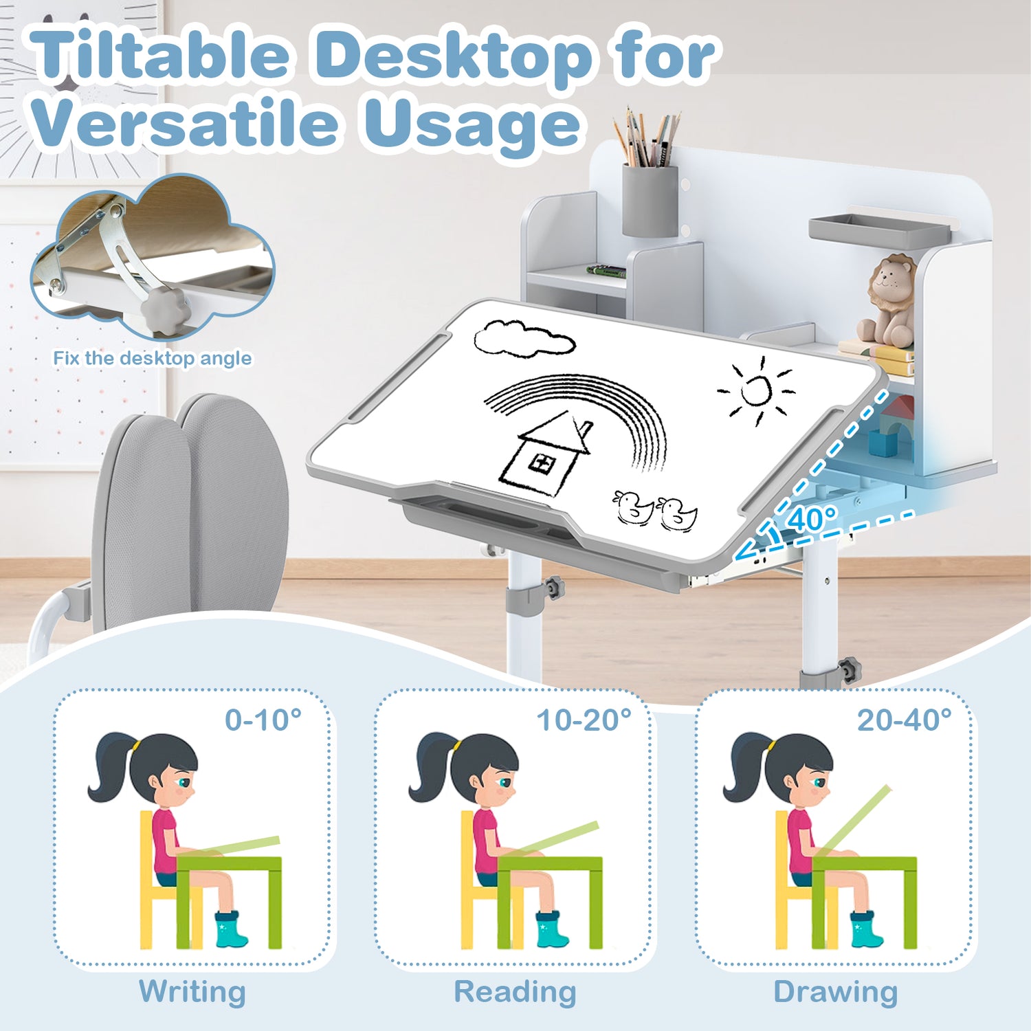 Kid's Study Desk and with Tilt Desktop and Pen Holder