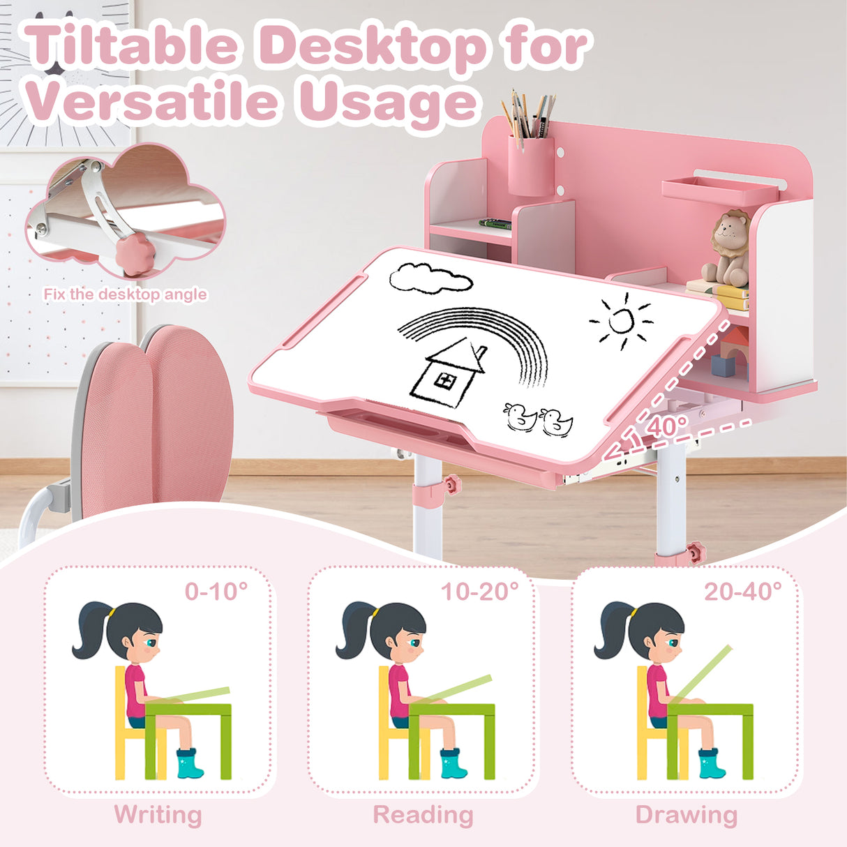 Kid's Study Desk and with Tilt Desktop and Pen Holder