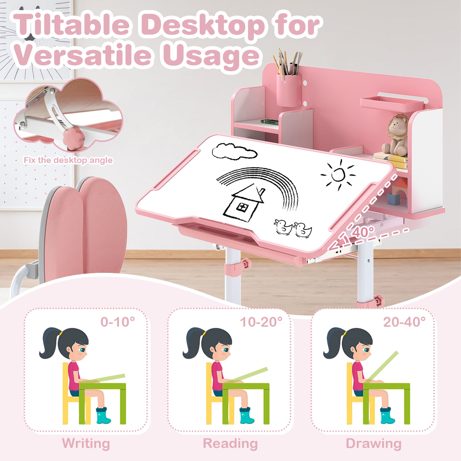 Kid's Study Desk and with Tilt Desktop and Pen Holder