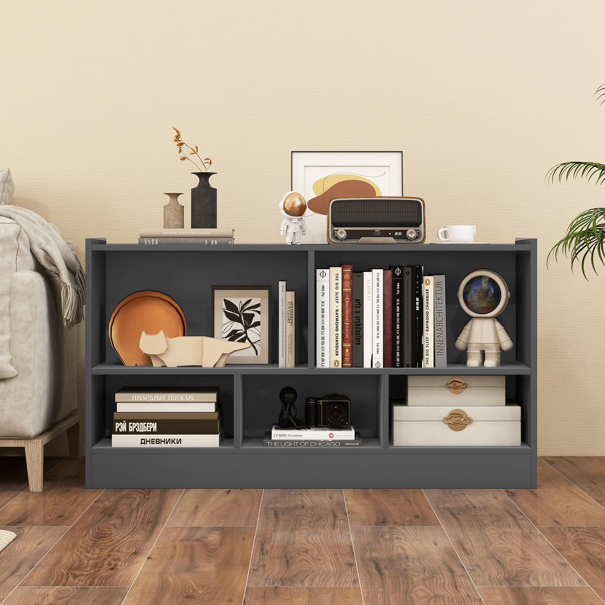 Kids 2-Shelf Bookcase 5-Cube Wood Toy Storage Cabinet Organizer