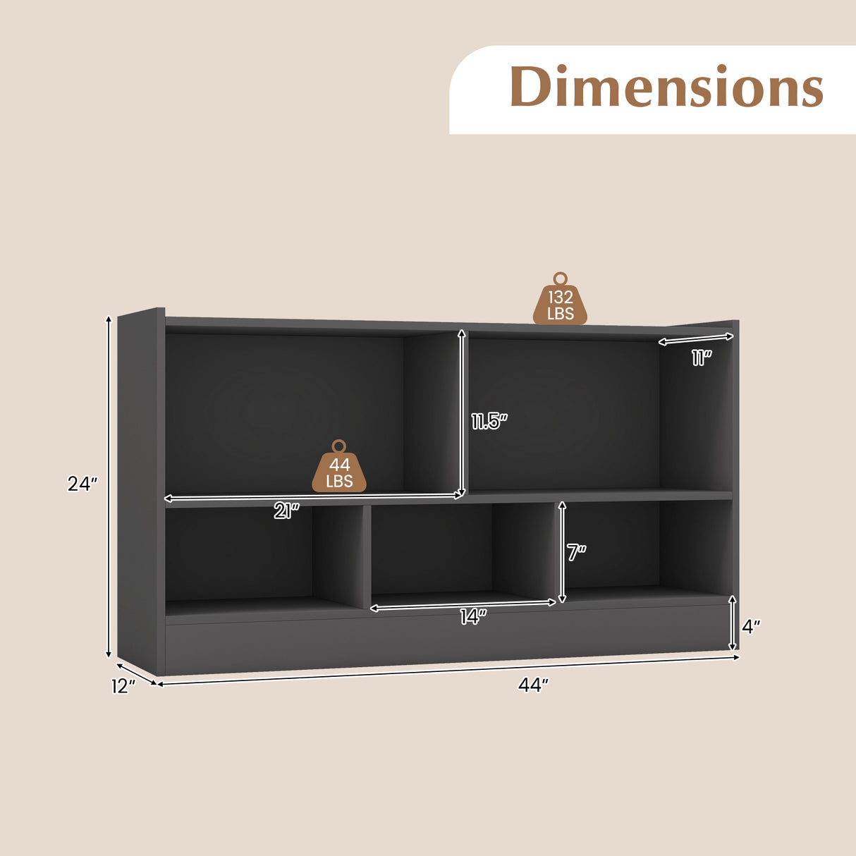 Kids 2-Shelf Bookcase 5-Cube Wood Toy Storage Cabinet Organizer