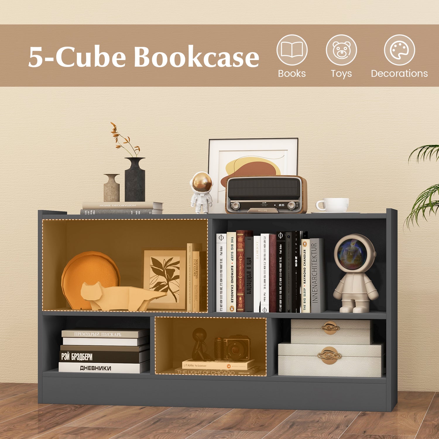 Kids 2-Shelf Bookcase 5-Cube Wood Toy Storage Cabinet Organizer