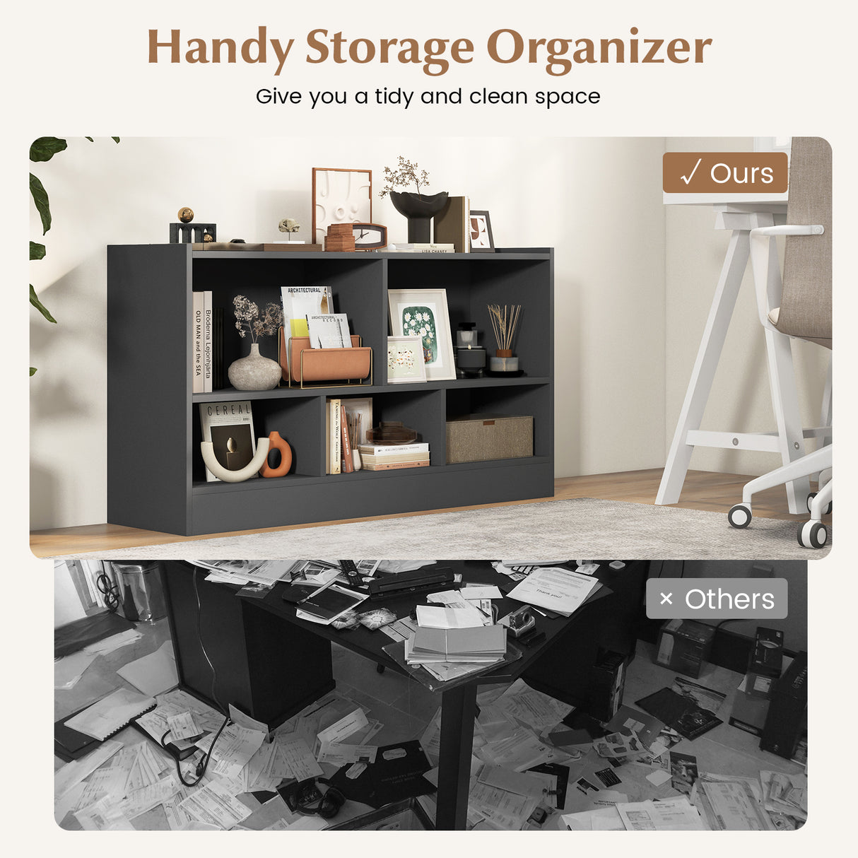 Kids 2-Shelf Bookcase 5-Cube Wood Toy Storage Cabinet Organizer