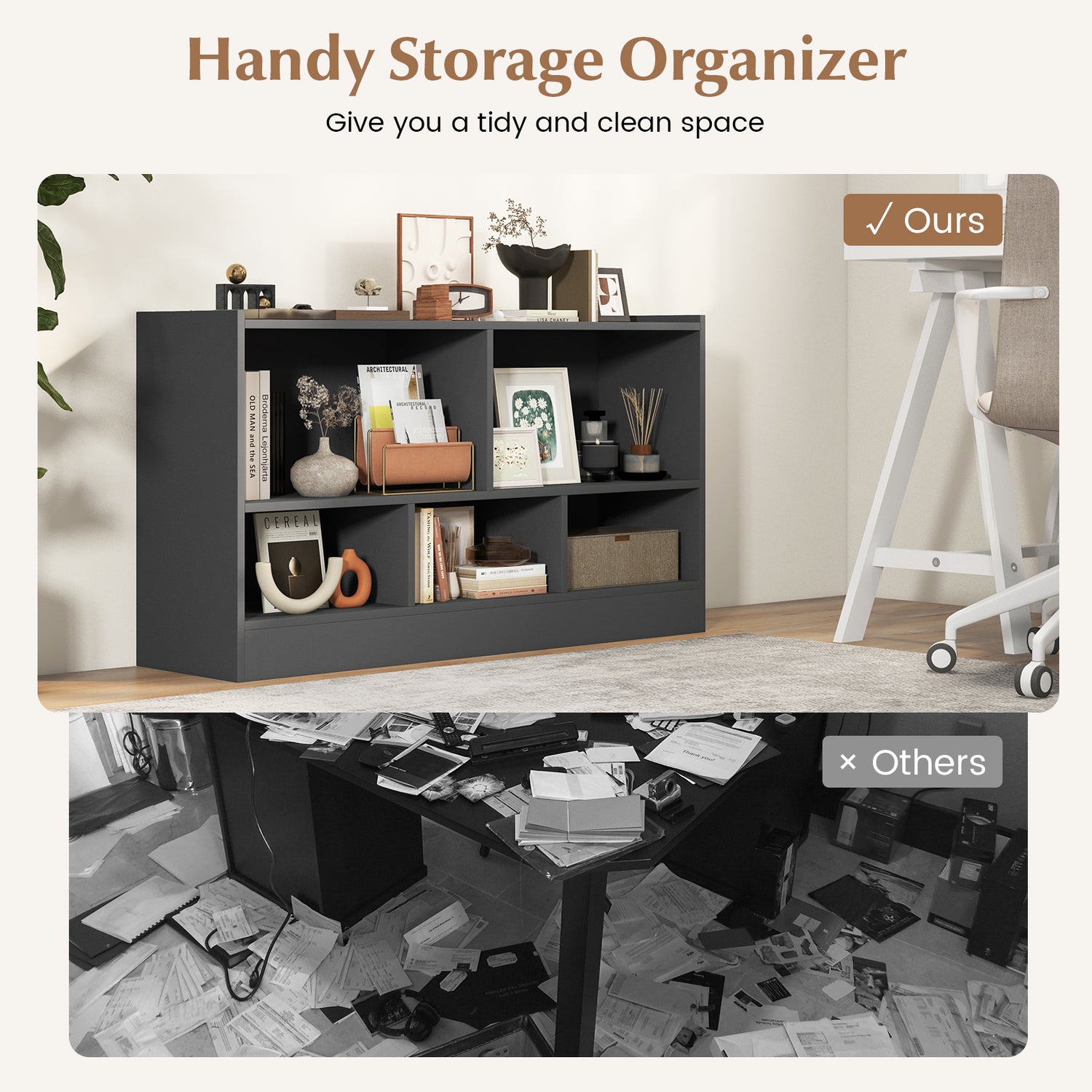 Kids 2-Shelf Bookcase 5-Cube Wood Toy Storage Cabinet Organizer