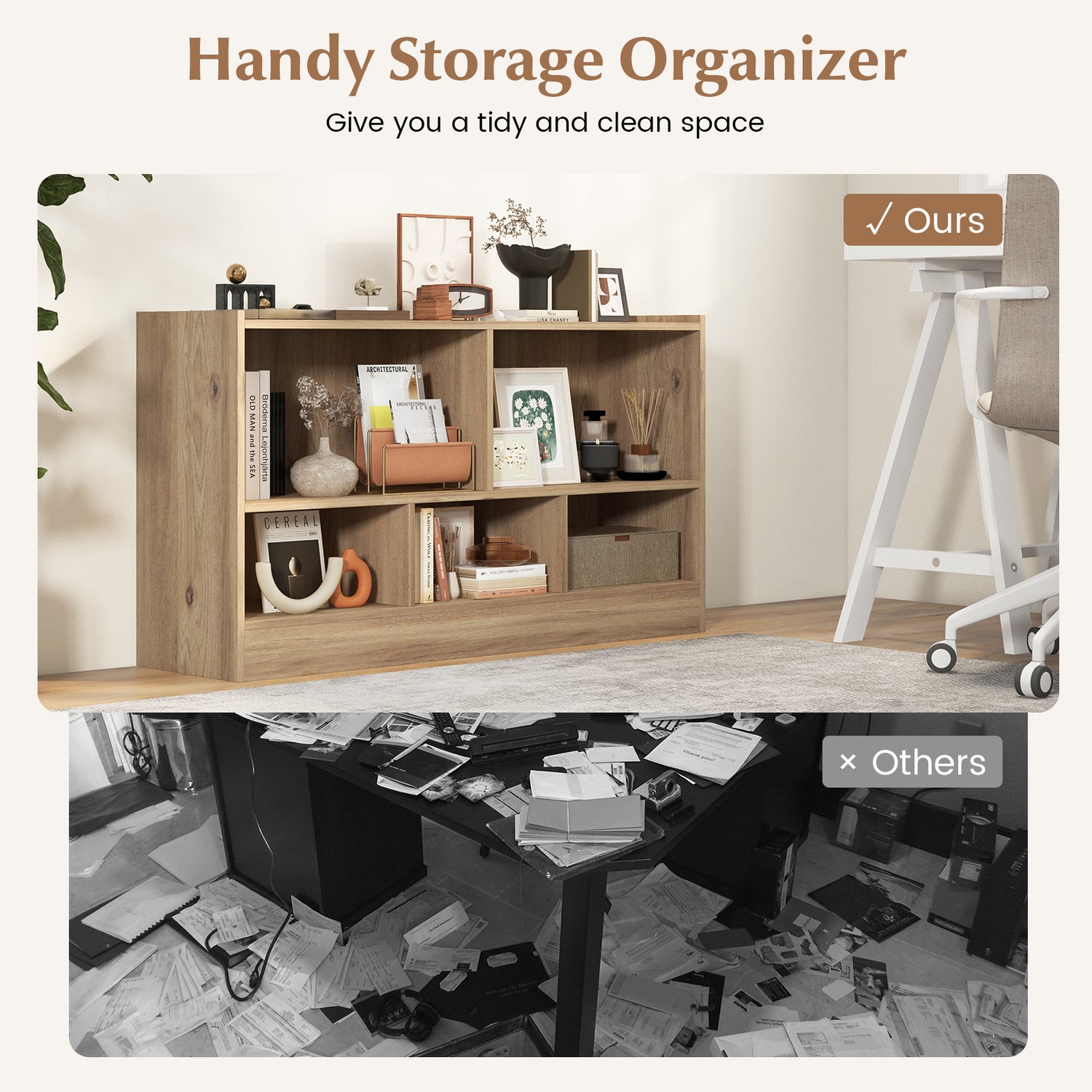 Kids 2-Shelf Bookcase 5-Cube Wood Toy Storage Cabinet Organizer