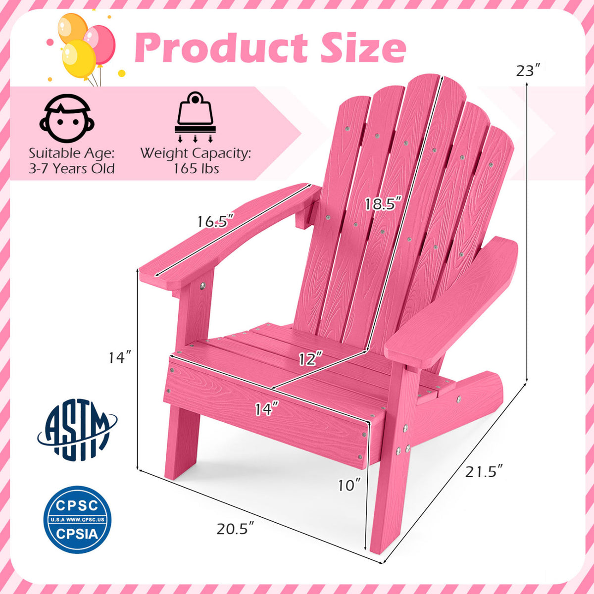 Kids Adirondack Chair All-weather Outdoor Chair for Children with Tilted High Backrest